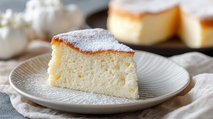 Tempting Slice: A close-up shot of a delicate slice of fluffy cheesecake, dusted with powdered sugar, a delightful treat for any occasion. 