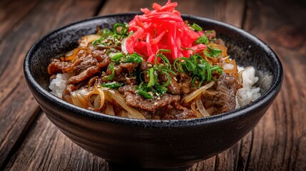 Fototapeta premium Savory Gyudon Bowl: Capturing the essence of Japanese cuisine, this close-up showcases a delectable gyudon bowl. Layers of succulent beef, flavorful onion.