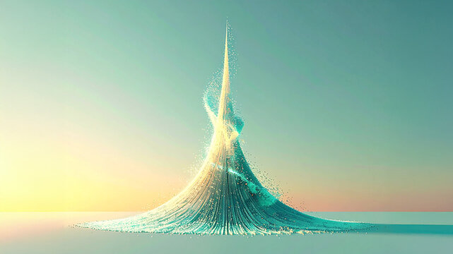 Abstract swirling peak of glowing particles over a clean horizon. AI-generated digital art representing data flow, technological advancement, and future innovation. Dynamic growth visual.