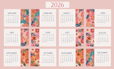 Floral colorful 12 months calendar 2026 template for planning and scheduling