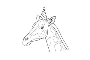 Clean line drawing a giraffe head wearing a party hat animal