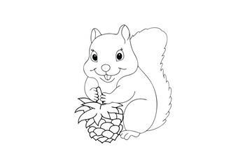 Cute cartoon squirrel holding a pine cone line drawing animal