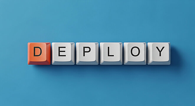 Deploy message spelled out with computer keys on a blue background for software development concepts