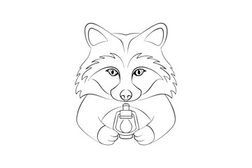 Line drawing a raccoon holding a lantern animal