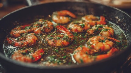 Sizzling Shrimp Temptation: A close-up shot of delectable shrimp sizzling in a pan, infused with flavorful herbs and spices, evokes culinary delight and the essence of a gastronomic adventure.
