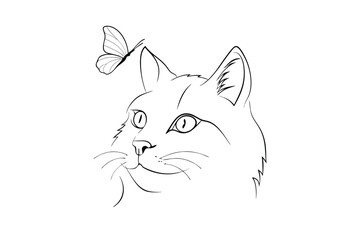 Minimalist line drawing a cat looking up at a butterfly animal insect