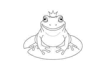 Simple line drawing a happy frog wearing a crown a lily pad vector
