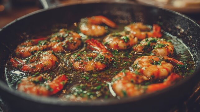 Sizzling Shrimp Temptation: A close-up shot of delectable shrimp sizzling in a pan, infused with flavorful herbs and spices, evokes culinary delight and the essence of a gastronomic adventure.