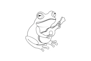 Whimsical line drawing a frog playing a guitar music instrument