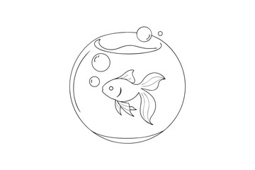 Whimsical line drawing a goldfish swimming in a round bowl with bubbles water