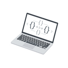 Isometric laptop computer displaying a programming flowchart or data structure diagram with curly braces and arrows on its screen.