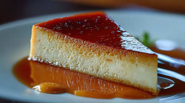 Sweet Delight: A single slice of exquisite dessert, glazed with a glistening caramel, rests delicately on a pristine plate, inviting indulgence and showcasing culinary artistry.
