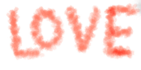 Hand made Love text in a cloud style soft red color isolated on white background