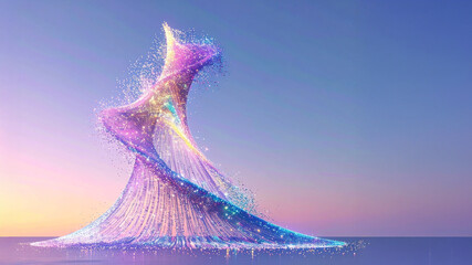 Vibrant swirling abstract structure of glowing particles against a gradient sky. AI-generated digital art depicting data flow, network connection, and technological advancement. Dynamic growth visual.