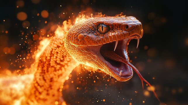 Danger snake in fire on black background.