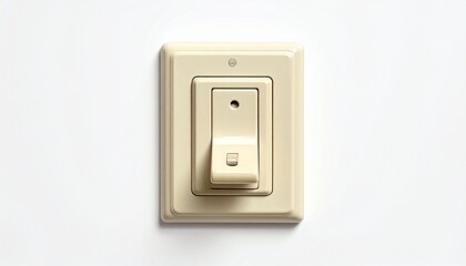 Beige square electrical wall switch with central button and top screw on white wall