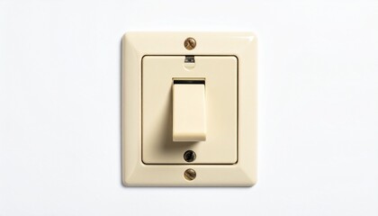 Beige square electrical wall switch with central button and top screw on white wall