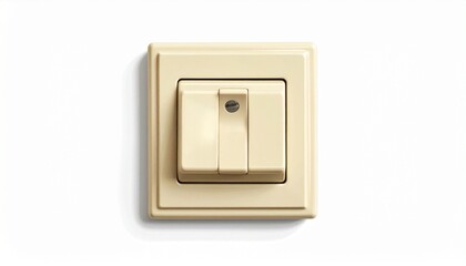 Beige square electrical wall switch with central button and top screw on white wall