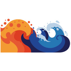 This vibrant illustration powerfully showcases the dramatic clash of opposing elements, with fiery orange waves meeting cool blue water in a symbolic visual.