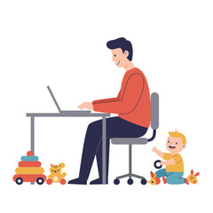 A busy father efficiently manages his remote work responsibilities on a laptop while his cheerful toddler plays independently with colorful toys nearby.