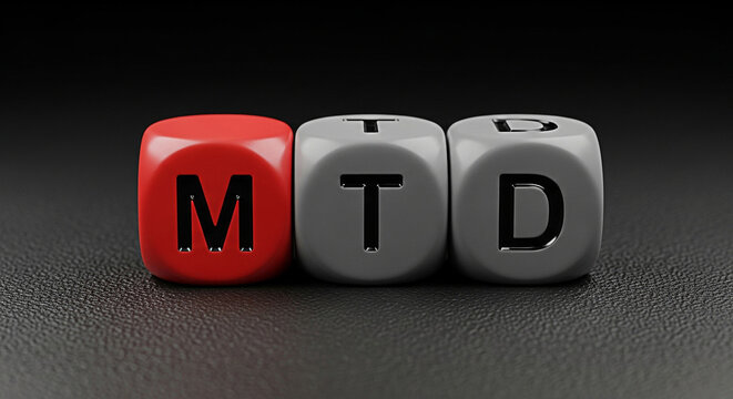 Month to date concept with mtd letters on dice representing financial performance and business metrics