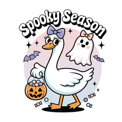 A cartoon goose with bow and pumpkin bucket celebrating spooky season with a ghost and bats