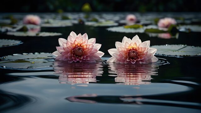 : Flowers like dahlias or lotuses floating on dark water with soft ripples and reflections—evokes serenity and elegance 4
