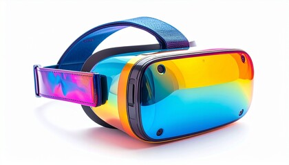 Black VR headset with multicolored reflective visor on white background