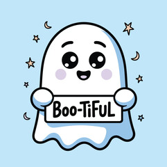 A cartoon ghost holding a sign that says boo tiful surrounded by stars and crescent moons on blue