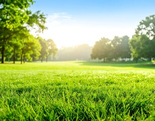 Lush green lawn, trees, sunrise