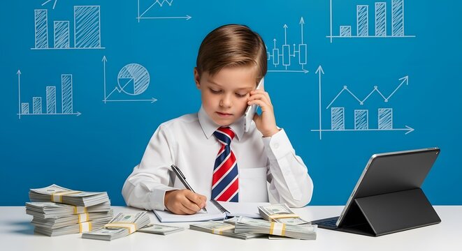 Young boy dressed in business attire, working at a desk with money and charts in the background.