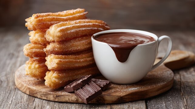 Delectable Churros and Hot Chocolate: A tempting stack of golden, crispy churros alongside a steaming cup of rich, dark hot chocolate, inviting a moment of pure indulgence.