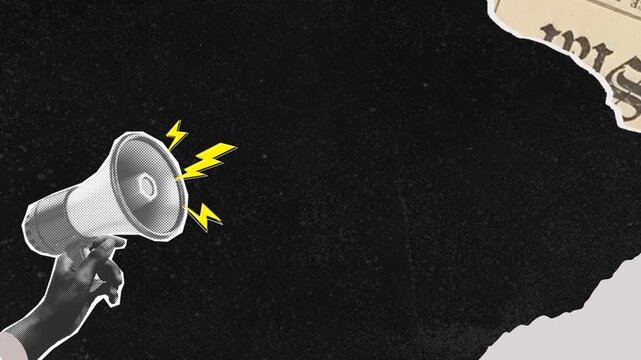 Halftone Hand with Megaphone or message with loudspeaker with paper grain Background Stop Motion 4k