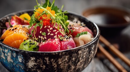 A Vibrant Poke Bowl: A visually stunning poke bowl with an array of fresh ingredients and colorful components