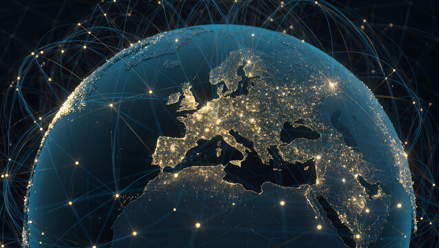 .Global Financial Network (Blue & Gold)
An overhead, wide-angle motion graphic of a stylized, low-poly world map with thousands of thin blue and gold light lines connecting major global cities.