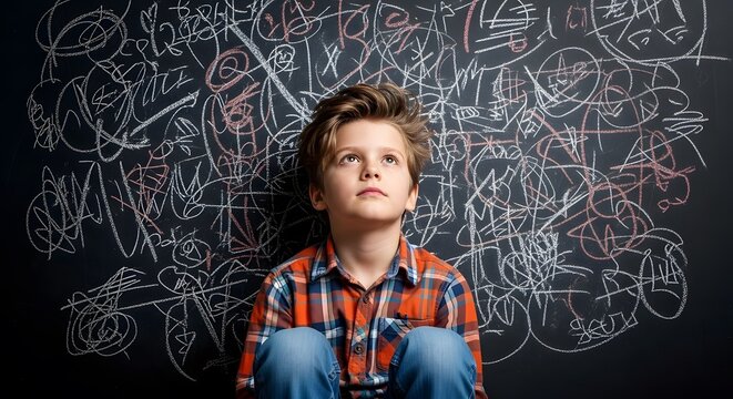A young boy sits in front of a chalkboard filled with chaotic scribbles and drawings, looking upwards thoughtfully.