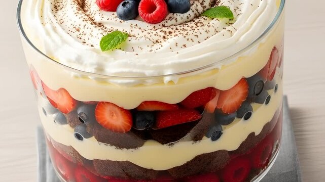 Delicious berry trifle dessert with cream and chocolate cake layers