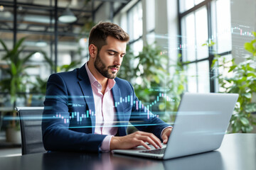 Businessman in formal suit working on laptop with digital financial graphs overlay, modern office background, concept of data analysis and design. Ai generative