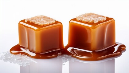 Two Salty Caramel Candy Cubes Topped With Caramel Sauce And Salt On White Background