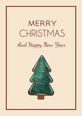 Minimalist vector Christmas greeting card with cookie in the shape of Christmas tree on white background.