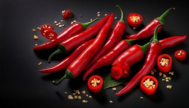 A Vibrant Display Of Red Chili Peppers With Slices Against A Stark Black Backdrop Creating Contrast