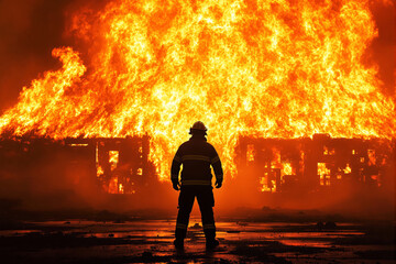Firefighter standing before intense building fire with flames engulfing structure, dramatic silhouette style on fiery background, concept of bravery. Ai generative