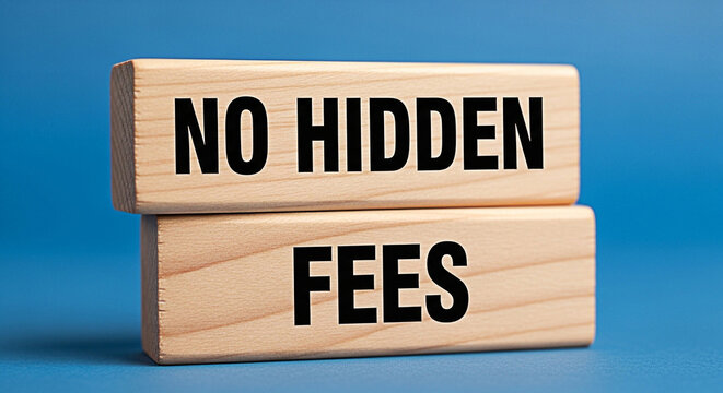 Wooden blocks displaying the message no hidden fees on a blue background for transparent pricing