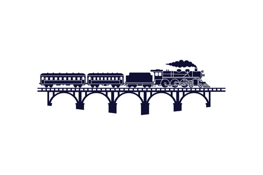 Silhouette of a vintage steam train with multiple carriages crossing a tall wooden trestle bridge