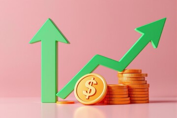 Green upward arrows and stacked gold coins on pink background, minimalistic graphic style, concept of economic growth and financial success. Ai generative