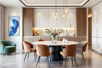Stylish modern kitchen and dining space with warm tones, elegant furniture, soft lighting, and floral decor on light background. Concept of home design. Ai generative