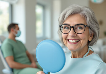 Elderly woman smiling in dental office, realistic style, bright indoor background, concept of dental care satisfaction and senior healthcare, Ai generative