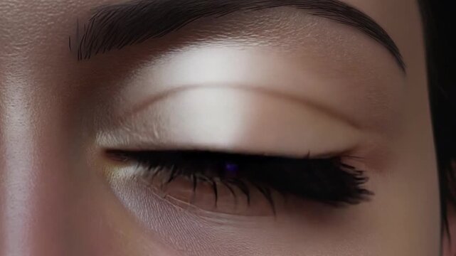 Close up of a human eye with a futuristic digital interface overlay with purple and blue lights