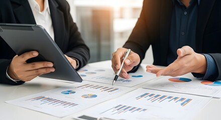 Two business professionals analyzing financial data reports with charts and graphs during a team meeting.