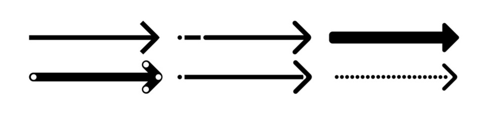 Arrow right black set icon in flat. Sign on white backdrop. Vector